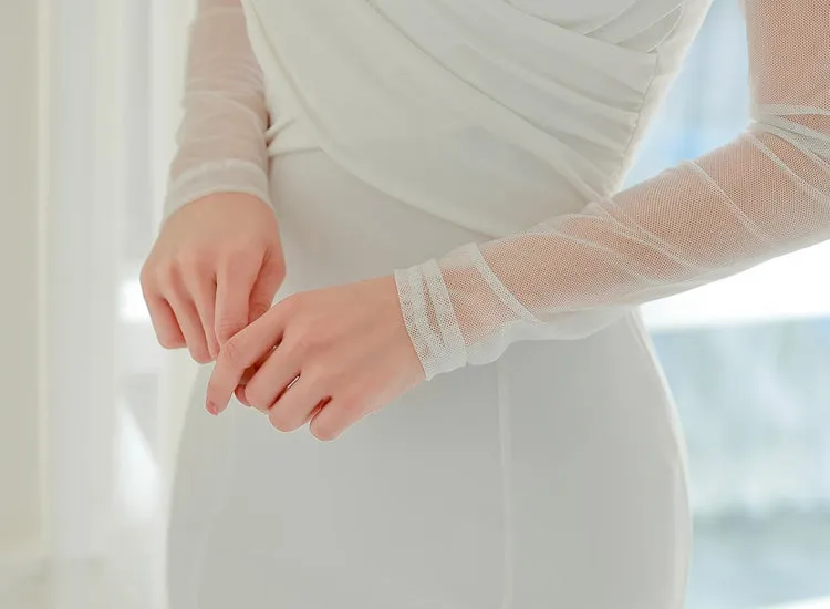 CM-DY095113 Women Elegant Seoul Style Gauze Round Neck Long Sleeve Slim Dress - White