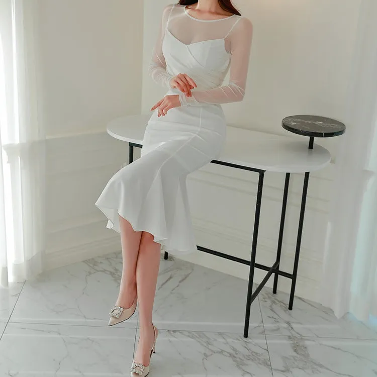 CM-DY095113 Women Elegant Seoul Style Gauze Round Neck Long Sleeve Slim Dress - White