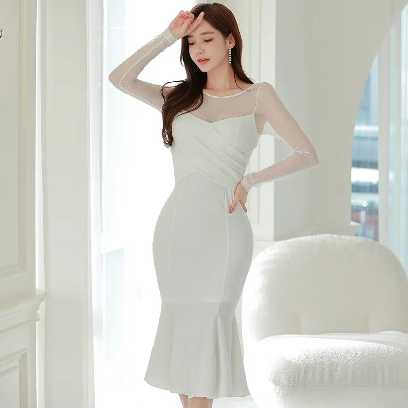 CM-DY095113 Women Elegant Seoul Style Gauze Round Neck Long Sleeve Slim Dress - White