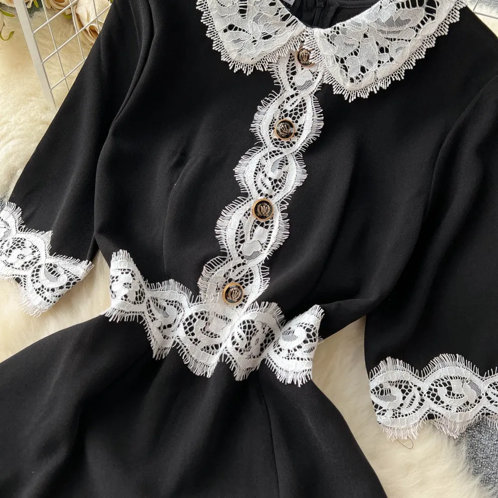 CM-DY096473 Women Elegant European Style Lace Short Sleeve Mermaid Lapel Dress