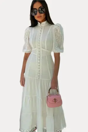 Collar Embroidery Short-Sleeved Long Dress