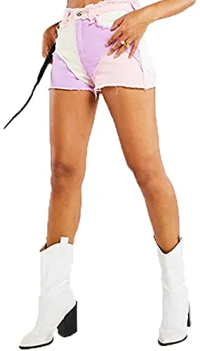 Color Block Ripped Denim Shorts