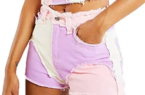 Color Block Ripped Denim Shorts