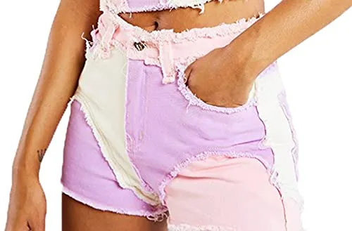 Color Block Ripped Denim Shorts