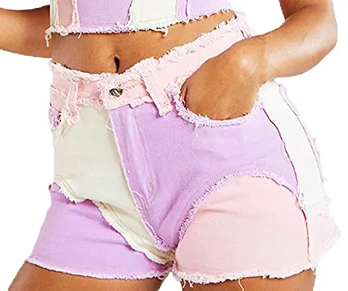 Color Block Ripped Denim Shorts