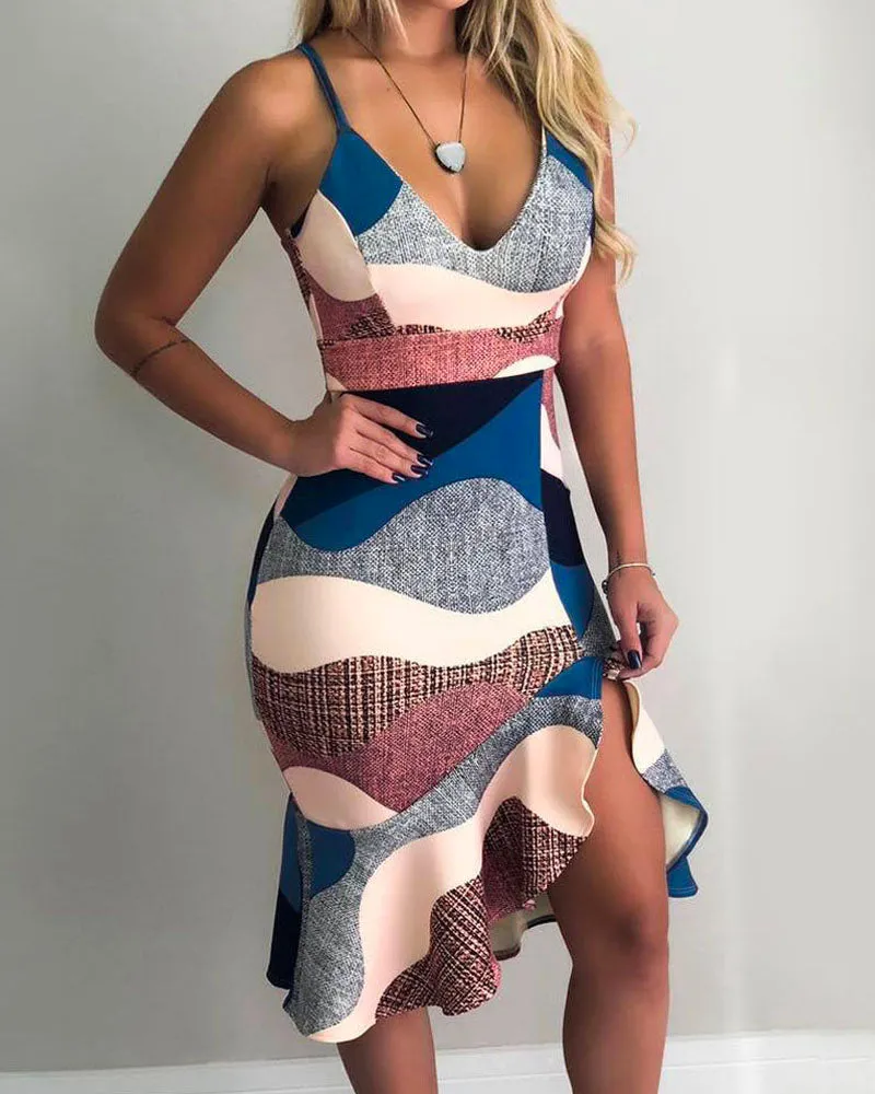 Colorful Sling Deep V-neck Ruffled Bodycon Maxi Dresses
