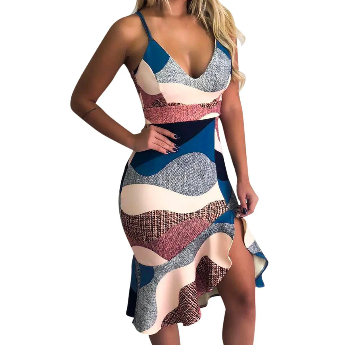 Colorful Sling Deep V-neck Ruffled Bodycon Maxi Dresses