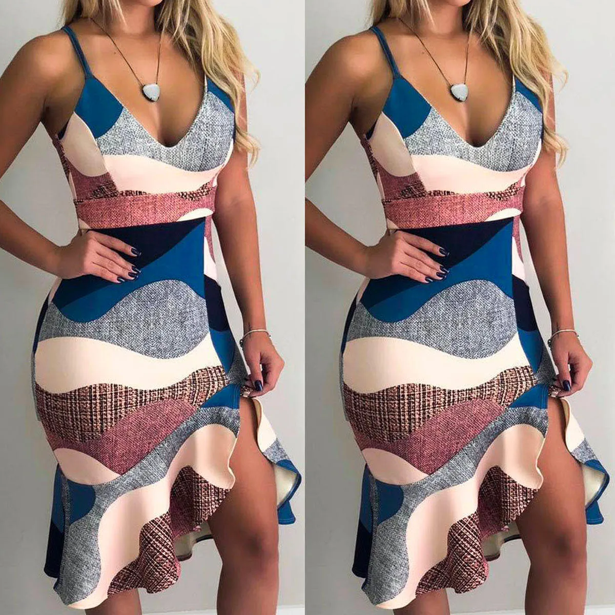 Colorful Sling Deep V-neck Ruffled Bodycon Maxi Dresses