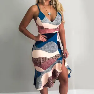 Colorful Sling Deep V-neck Ruffled Bodycon Maxi Dresses