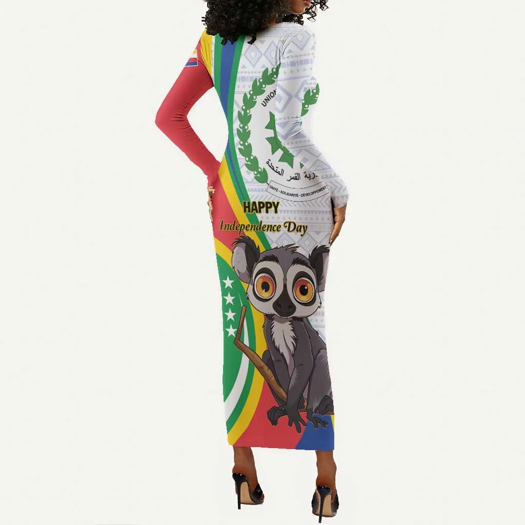 Comoros Long Sleeve Bodycon Dress 1975 Komori Mongoose Lemur African Pattern LT01