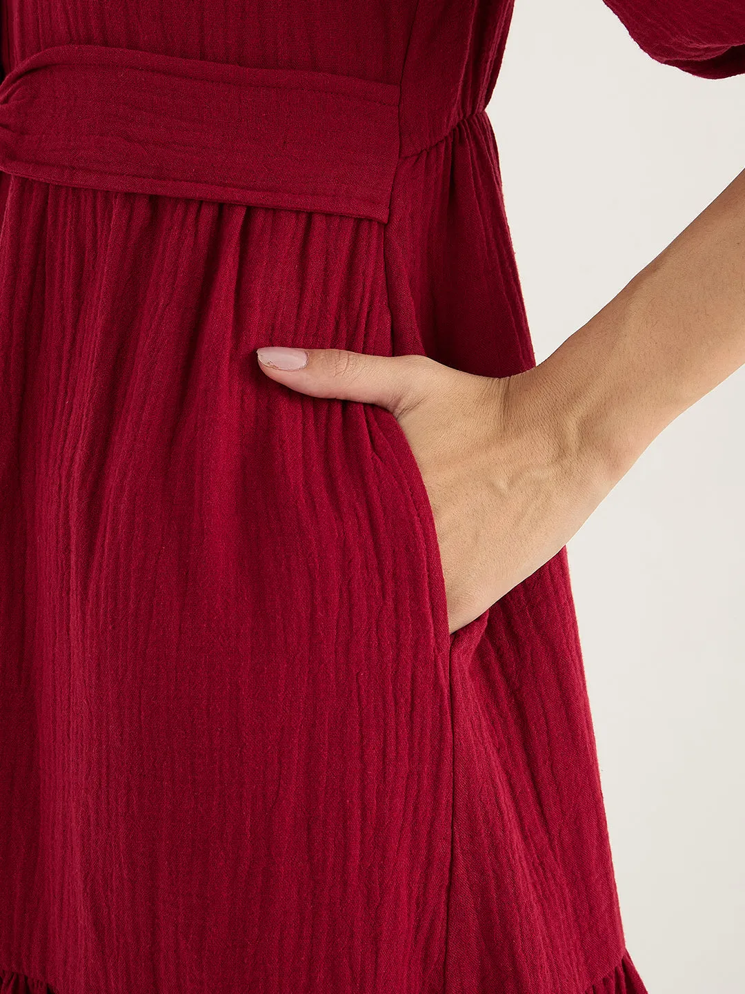 Cotton Gauze Red Knot Detail Midi Dress