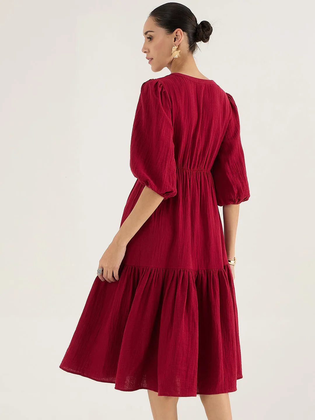 Cotton Gauze Red Knot Detail Midi Dress