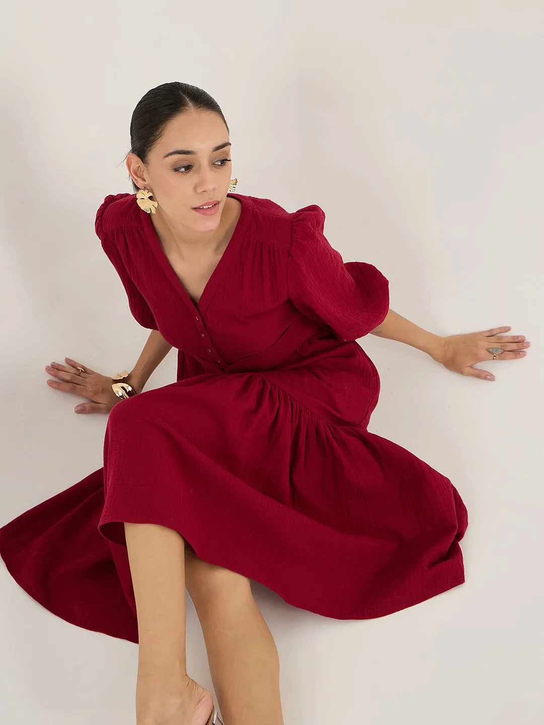 Cotton Gauze Red Knot Detail Midi Dress
