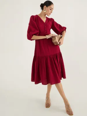 Cotton Gauze Red Knot Detail Midi Dress