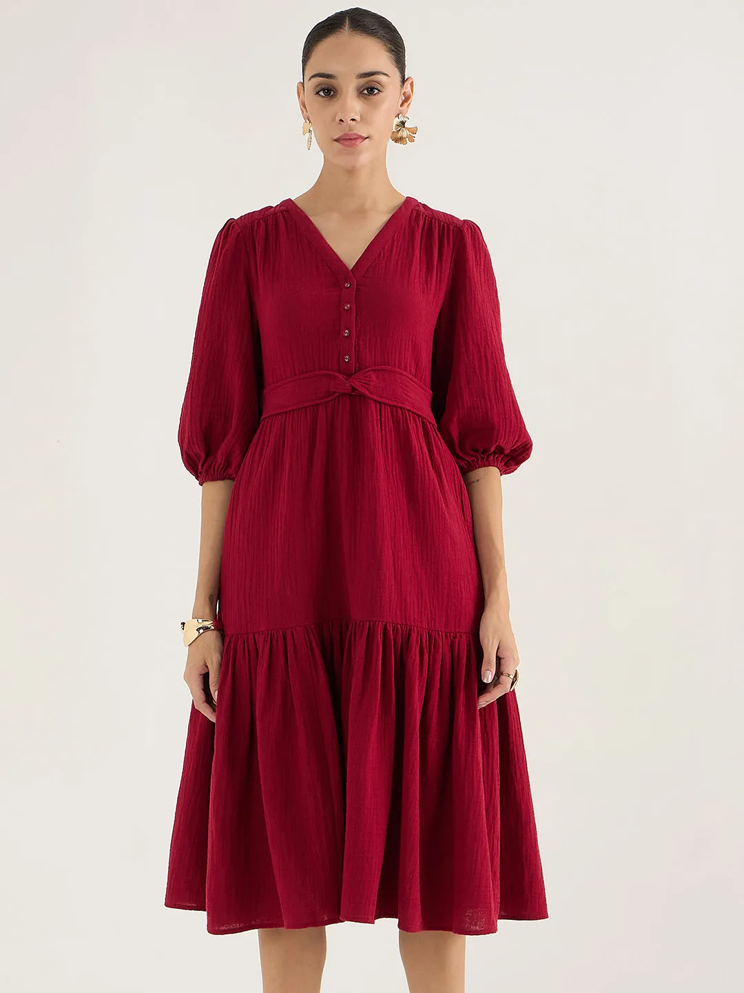 Cotton Gauze Red Knot Detail Midi Dress