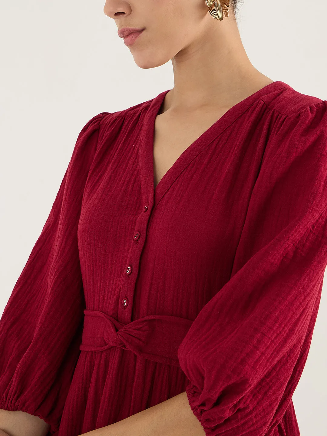 Cotton Gauze Red Knot Detail Midi Dress