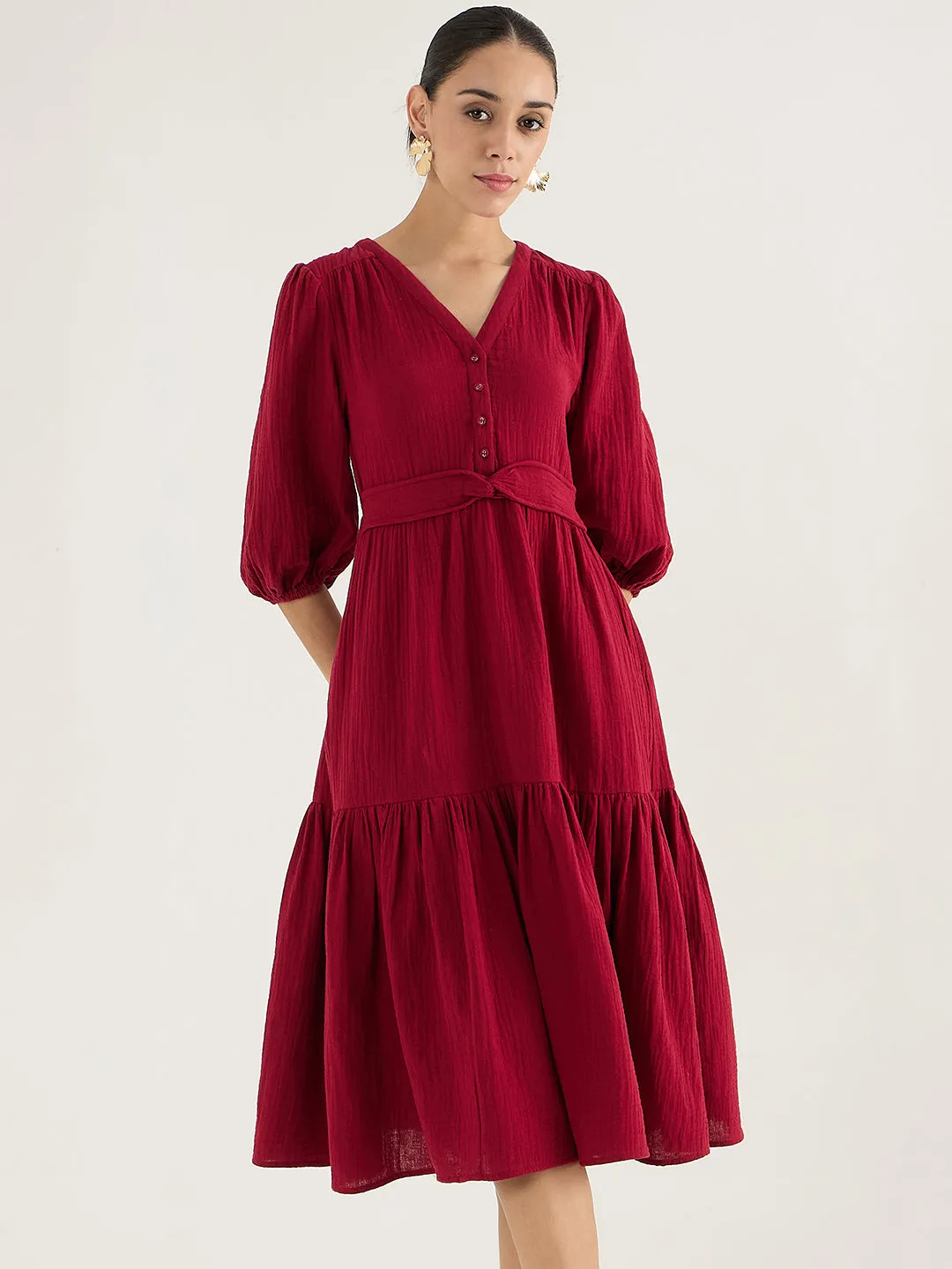 Cotton Gauze Red Knot Detail Midi Dress