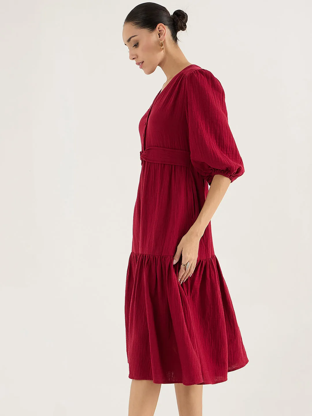 Cotton Gauze Red Knot Detail Midi Dress