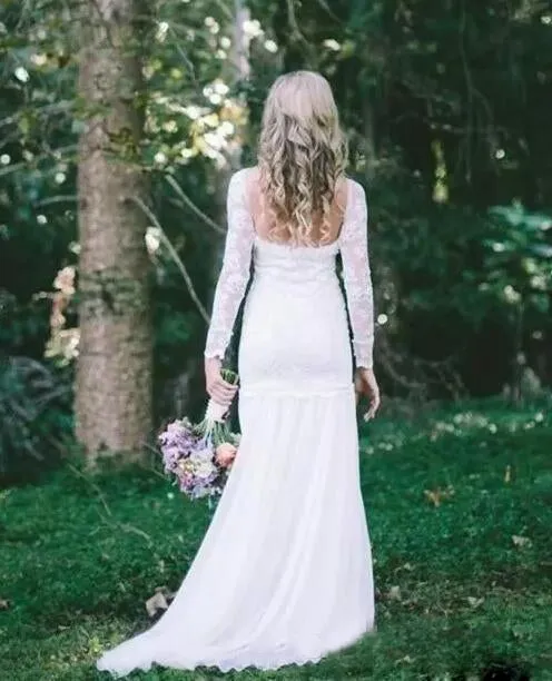 Country Bohemian Full Lace Sheer Long Sleeves Sweep Train Wedding Dress-715383