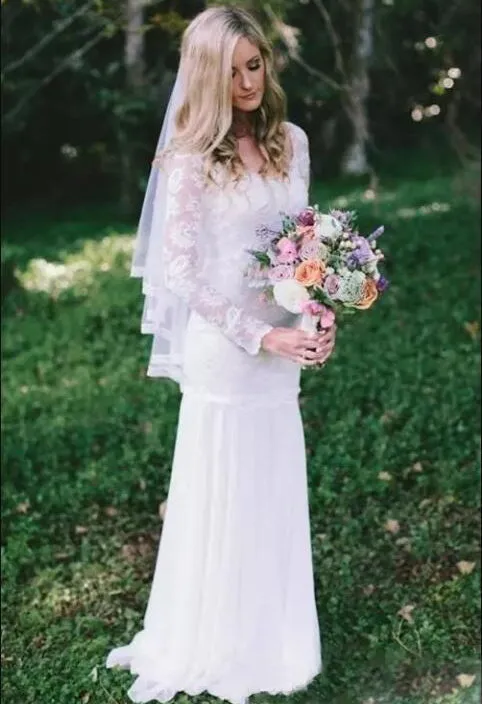 Country Bohemian Full Lace Sheer Long Sleeves Sweep Train Wedding Dress-715383
