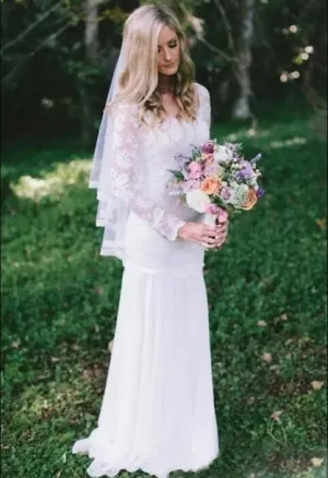 Country Bohemian Full Lace Sheer Long Sleeves Sweep Train Wedding Dress-715383