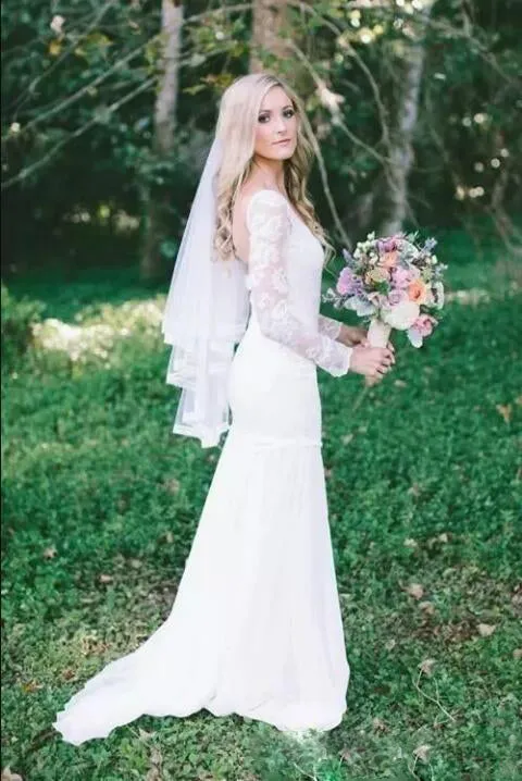 Country Bohemian Full Lace Sheer Long Sleeves Sweep Train Wedding Dress-715383