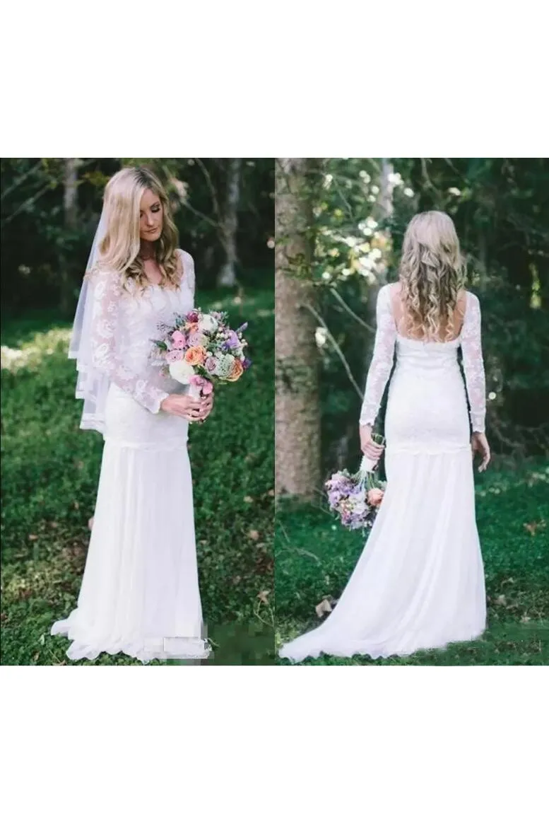 Country Bohemian Full Lace Sheer Long Sleeves Sweep Train Wedding Dress-715383