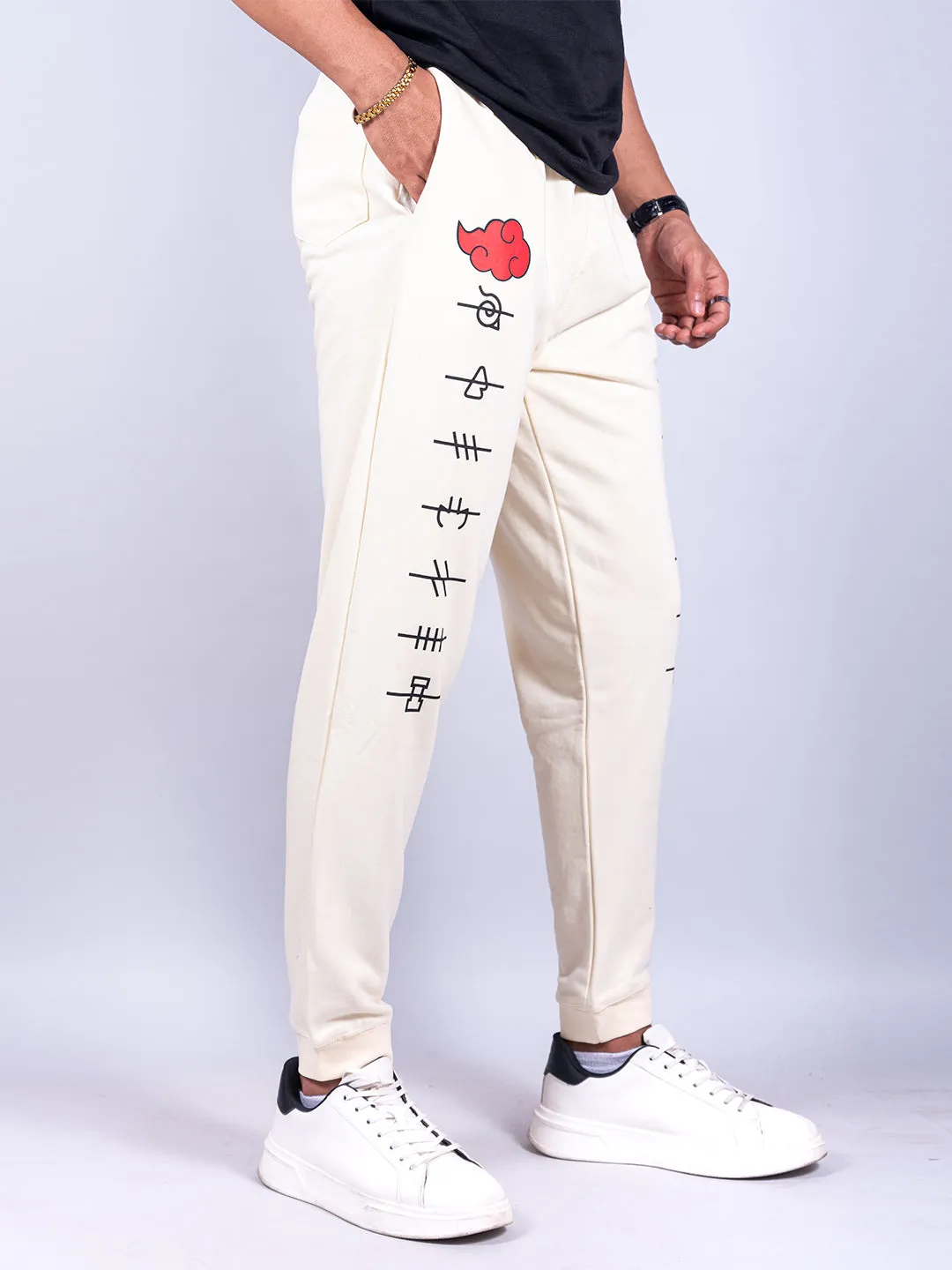 Cream Anime Akatsuki Cloud Printed Cotton Joggers