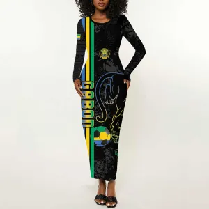 Custom Gabon Football Long Sleeve Bodycon Dress Go Champions - Black Ver LT15