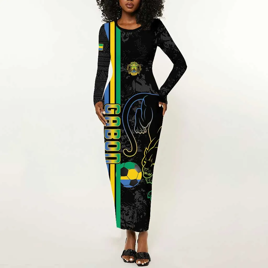 Custom Gabon Football Long Sleeve Bodycon Dress Go Champions - Black Ver LT15