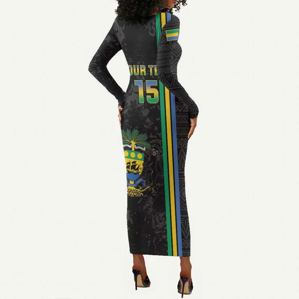 Custom Gabon Football Long Sleeve Bodycon Dress Go Champions - Black Ver LT15