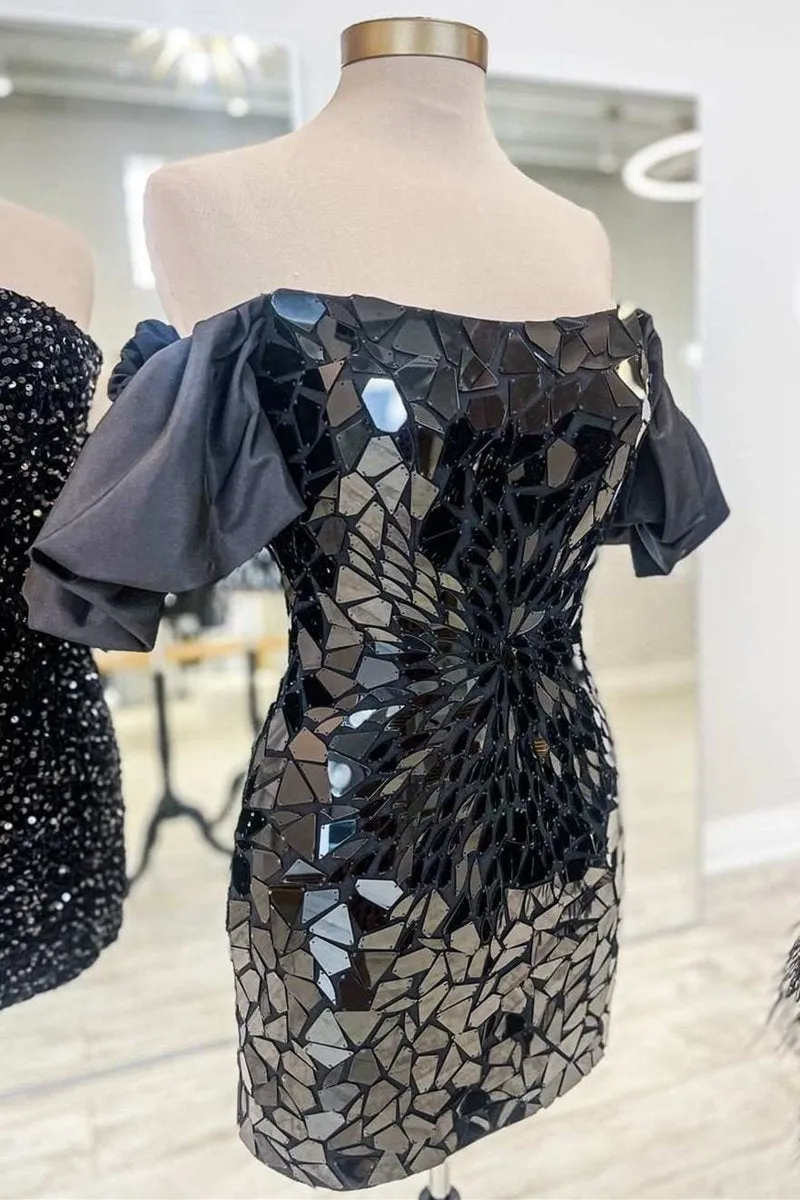 Cut Glass Mirror Off-the-Shoulder Short Party Dresses