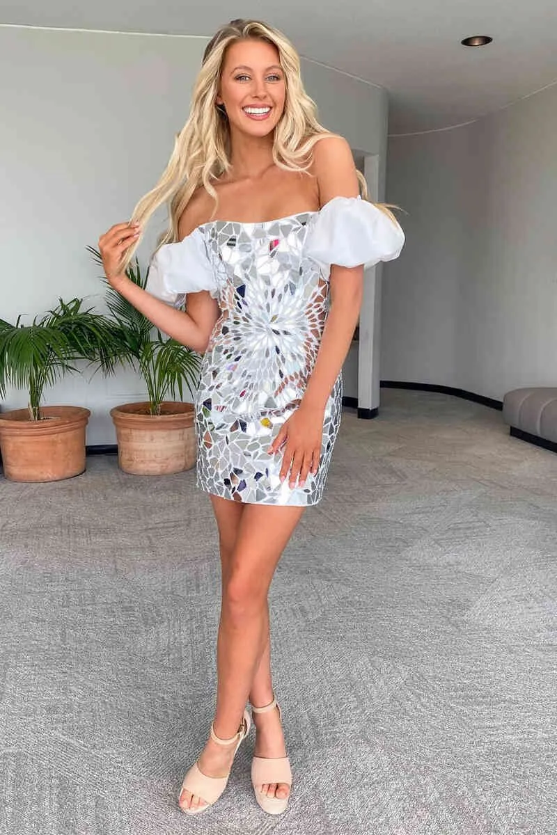 Cut Glass Mirror Off-the-Shoulder Short Party Dresses