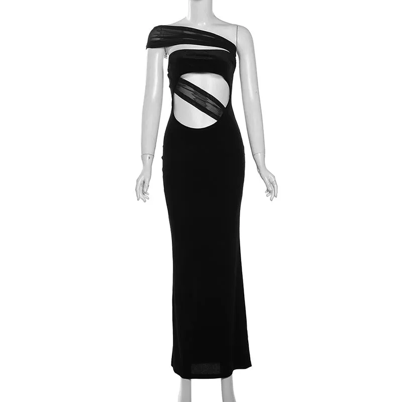 Cut Out Off Shoulder Fitted Velvet Maxi Dress