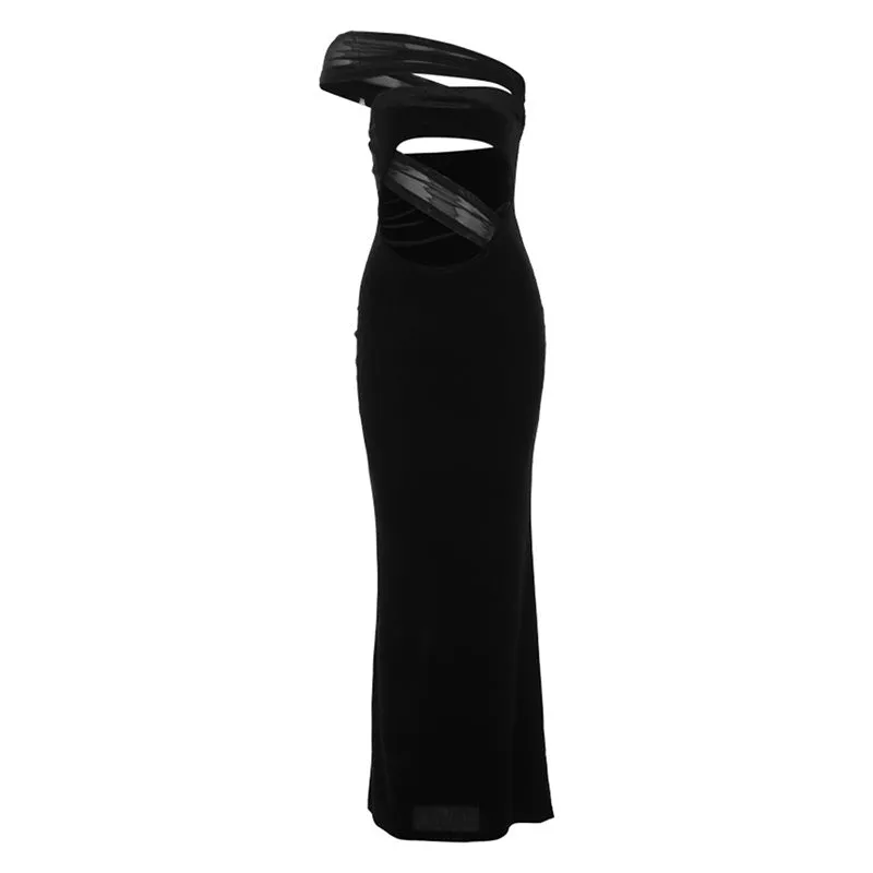 Cut Out Off Shoulder Fitted Velvet Maxi Dress