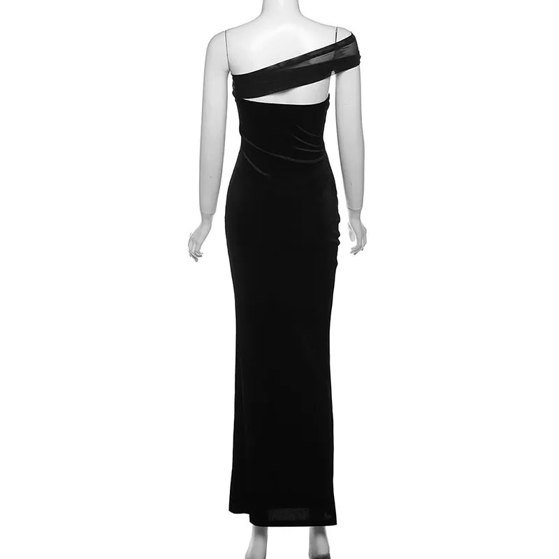 Cut Out Off Shoulder Fitted Velvet Maxi Dress