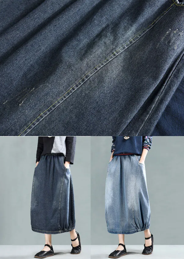 Dark Blue Patchwork Denim A Line Skirt Wrinkled