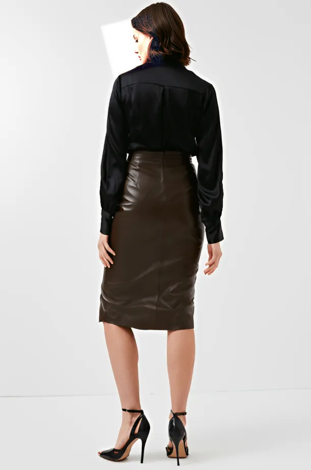 Dark Brown Women's Leather Pencil Skirt