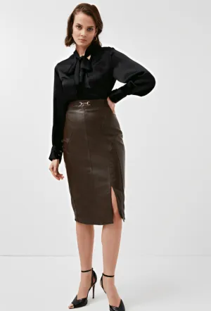 Dark Brown Women's Leather Pencil Skirt