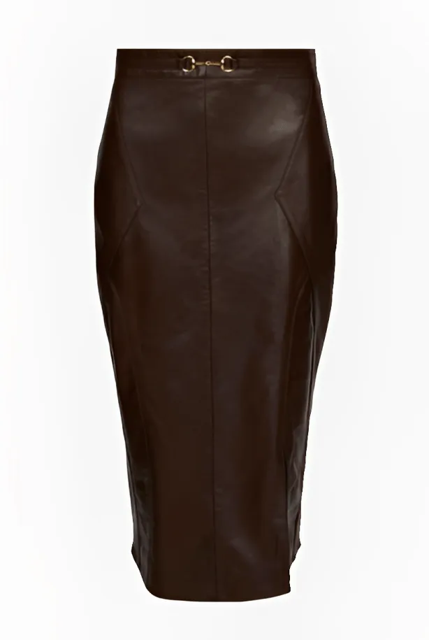 Dark Brown Women's Leather Pencil Skirt