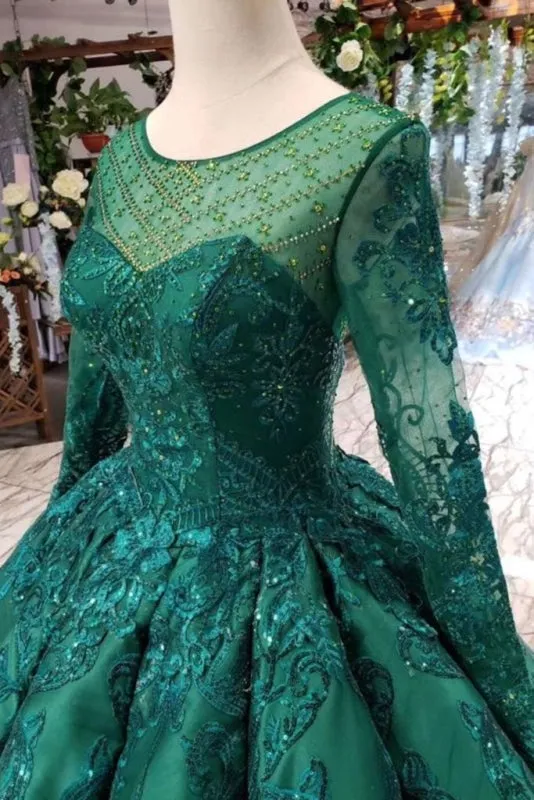 Dark Green Long Sleeves Ball Gown Prom with Beads Quinceanera Dress