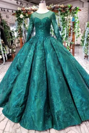 Dark Green Long Sleeves Ball Gown Prom with Beads Quinceanera Dress