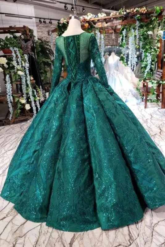 Dark Green Long Sleeves Ball Gown Prom with Beads Quinceanera Dress