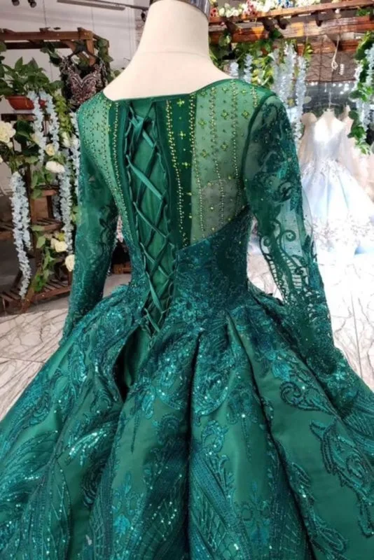 Dark Green Long Sleeves Ball Gown Prom with Beads Quinceanera Dress