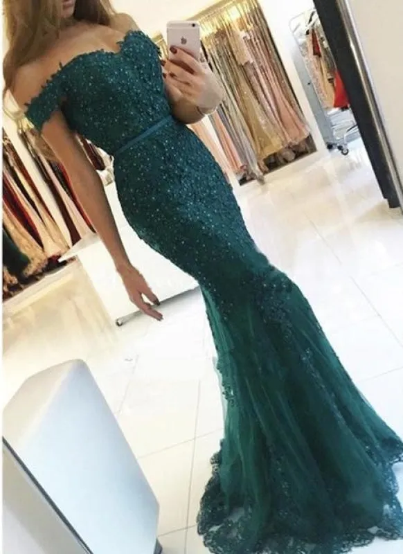 Dark Green Off-the-shoulder Mermaid Tulle Prom Dress with Beads Evening Gown