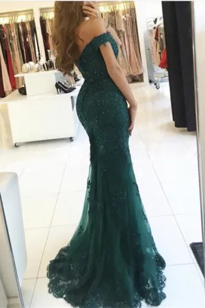 Dark Green Off-the-shoulder Mermaid Tulle Prom Dress with Beads Evening Gown