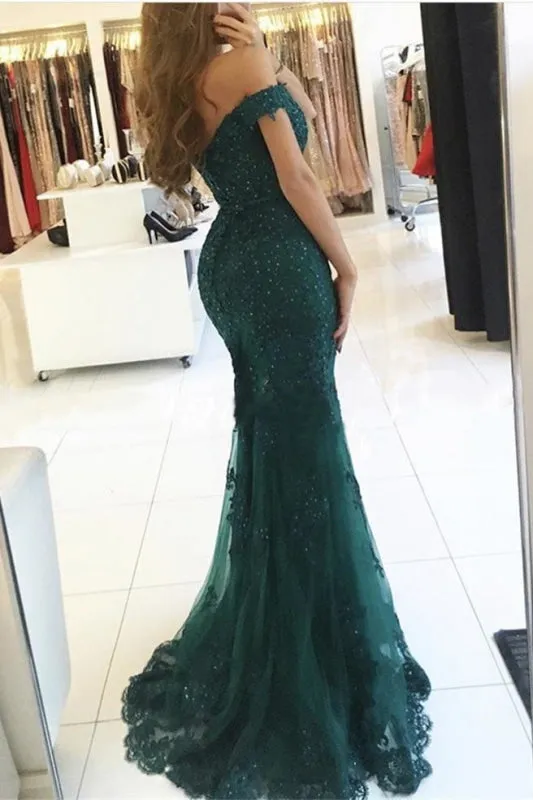 Dark Green Off-the-shoulder Mermaid Tulle Prom Dress with Beads Evening Gown