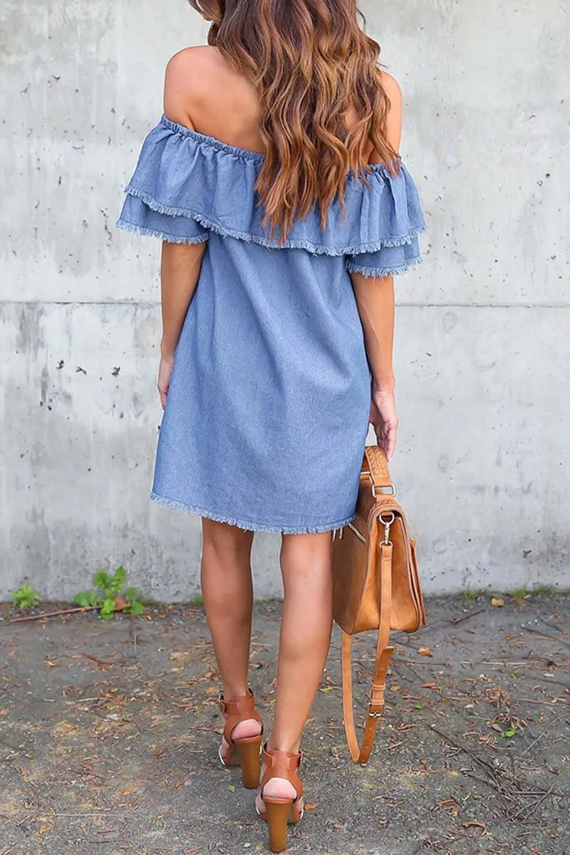 Denim Off-Shoulder Embroidery Flower Loose Dress