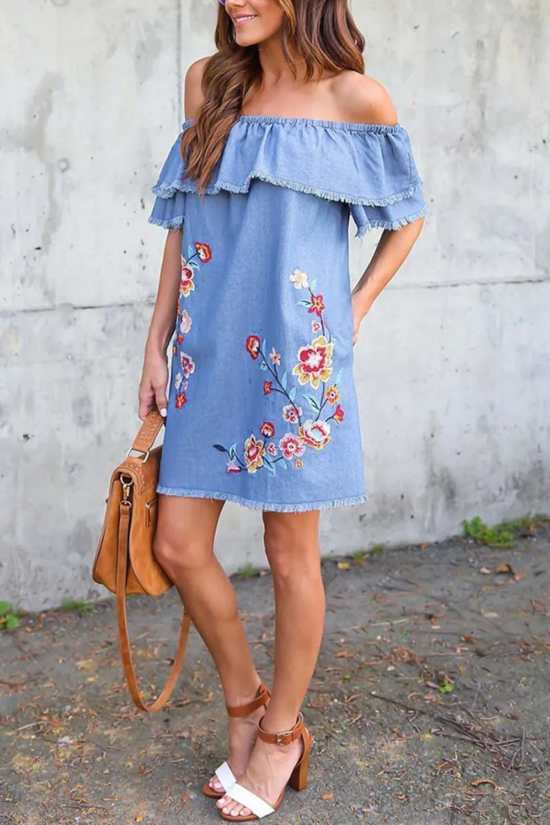 Denim Off-Shoulder Embroidery Flower Loose Dress