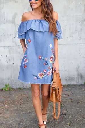 Denim Off-Shoulder Embroidery Flower Loose Dress